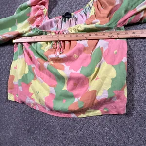 Sanctuary Floral Puff Sleeve Blouse Womens Large Multicolor Linen Blend Tie Neck thumbnail 5