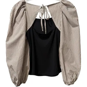 NWT Anthropologie Maeve Open Back Puff Sleeved Blouse Brown Stripes / Black‎ SP thumbnail 6