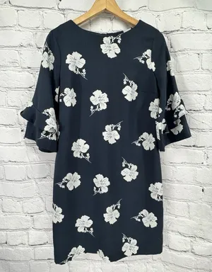 Banana Republic Dress 6 Blue Floral Frill Ruffle 3/4 Sleeve Shift Business thumbnail 1