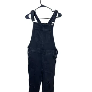 Old Navy Distressed Black Denim Overalls Ripped Knee Pockets Casual‎ Women's 8 thumbnail 2