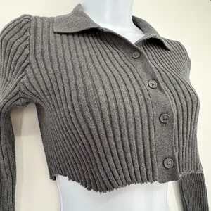 Brandy Melville Gray‎ Ribbed Crop Button Cardigan Sweater Raw Hem XS/S Stretch thumbnail 3