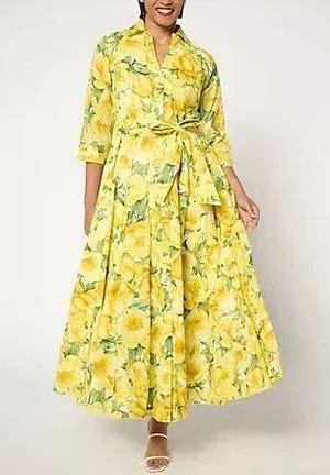 Carla Rockmore Collection Yellow Floral 100% Cotton Printed Shirtdress Large thumbnail 1