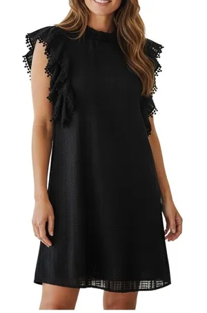 Sugar + Lips‎ Eyelet Ruffle Mini Dress Womens Small Black Pom Pom Trim STD10938 thumbnail 1