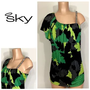 New. Sky silk camo mini dress/shirt with Swarovski crystal strap. Normally $224 thumbnail 2