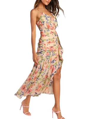 Lulu's Stunning Soiree Blush Pink Floral Chiffon Ruched Midi Dress MEDIUM thumbnail 3