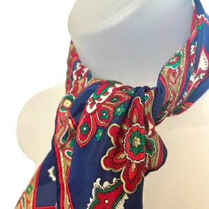 Vintage Gilded Crepe de Chine Blue Paisley Floral Silk Square Scarf Neckerchief thumbnail 7