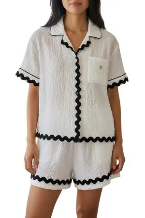 Simply Southern White Seersucker Pajama Set Short Sleeve Black Trim‎ Small NWT thumbnail 1
