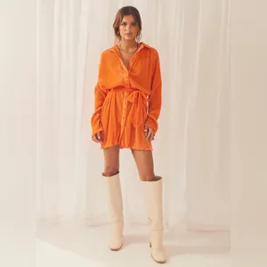 Peppermayo Soho Chic Shirt Plisse Dress, Tangerine, Size Small thumbnail 2