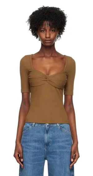 CITIZENS OF HUMANITY Parie Twist Brown Half Sleeve Rib Knit Top thumbnail 1