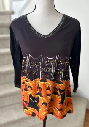 Vintage 90s Black & Orange Halloween Black Cat Bedazzled Rhinestone Pumpkin Top thumbnail 1