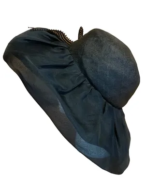Vintage Adolfo Ii Black Wide Brim Linen Hat With Striped Bow thumbnail 5