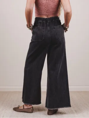 NWT Three Bird Nest Simply You Wide Leg Jeans washed black high-rise Boho Size L thumbnail 2