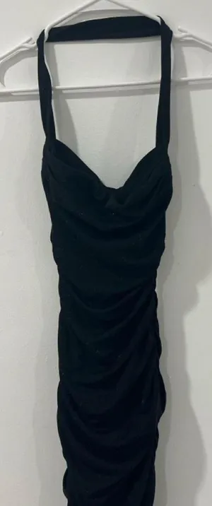 Oh Polly Black Glitter Ruched Maxi Dress US 0 Y2K 2000s Bodycon Cowl Neck thumbnail 1