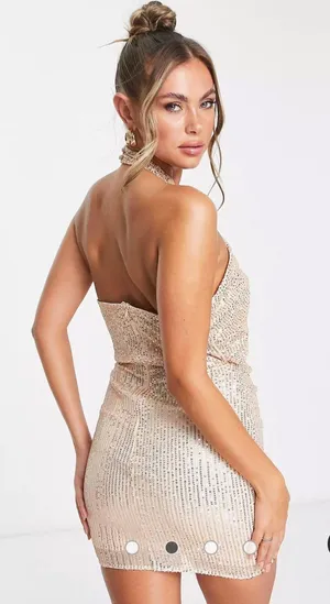 ASOS NWT Parisian sequin halter neck cut out front mini dress in champagne thumbnail 3