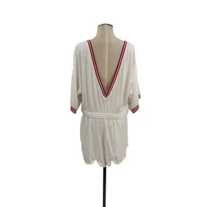 Anthropologie Waffle Knit Romper Varsity Stripe Deep V‎ Back White Red Large thumbnail 10