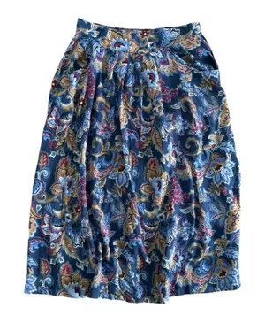 Vintage 80s Carriage Court Blue Paisley Floral Pleated Midi Skirt Medium Boho thumbnail 1