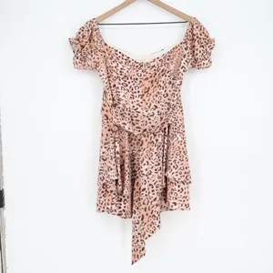 Jumpsuit Womens Large Brown Leopard Print Off The Shoulder Back Zip Puff Sleeve thumbnail 4