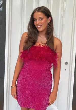 NWT Retroféte Torin Sequin Bandeau Ostrich-trim Mini Dress In Pink. Size Large thumbnail 4