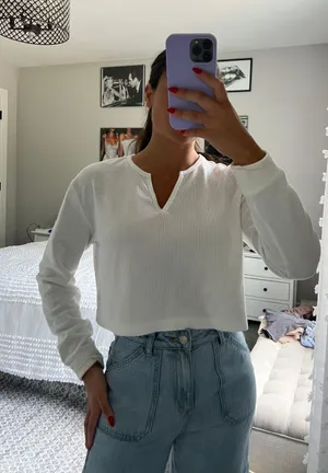Dynamite White Waffle Long Sleeve Crop Top thumbnail 1