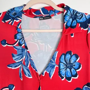 Zara Red Floral Button‎ Front Long Sleeves Midi Dress Medium thumbnail 5