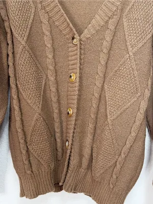 Camel Brown Cable Knit Button Front V Neck Oversized Cardigan Sweater thumbnail 3