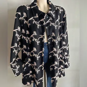 Vintage Y2K Focus by Shani Black Floral Embroidered Wool Blend Jacket XL thumbnail 2