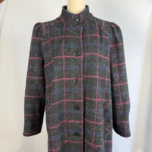 Vintage Plaid Maxi Coat Wool Blend Mock Neck Pink Blue Gray Womens Large‎ Mexico thumbnail 2