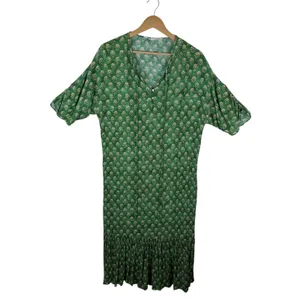 Zara Green Block Print Floral Hem Midi Dress XS Boho Prairie Cottage Relaxed thumbnail 3