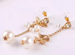 Flower Crystal Pearl Drop Stud Earrings Gold thumbnail 5