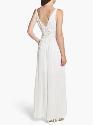 White V-Neck Smocked Waist Flowing Sophisticated Sleeveless Maxi Dress thumbnail 4