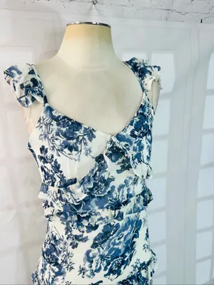 O.P.T Blue White Ingrid Floral Ruffle V-Neck Sleeveless Tiered Midi Dress Sz XS thumbnail 4
