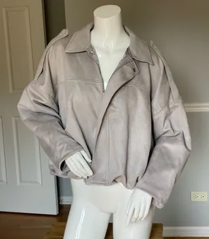Women’s Faux Suede Moto Jacket Gray Oversized Zip Front Utility Details M thumbnail 1