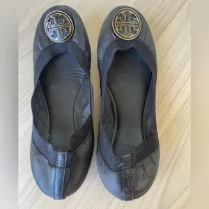 Tory Burch Black Leather Flats with Gold Logo thumbnail 2