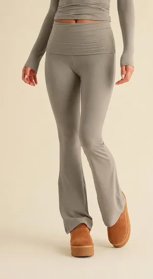 Kimberly C Soft Foldover Flare Pants Taupe Lounge Yoga Stretch Small thumbnail 1