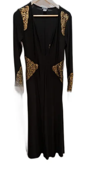 Venus Dress Black Long Sleeve Bodycon Size M With Gold Lace Cutouts thumbnail 1