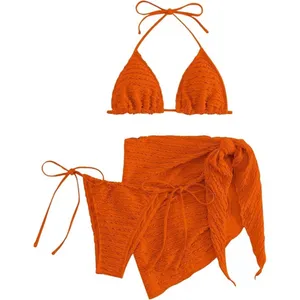 Women's 3 Piece Swimsuit Halter Triangle String Bikini Set Orange LARGE thumbnail 1
