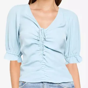 Abercrombie Cinch Front Puff Sleeve Cropped Top Light Blue Size Small Peasant thumbnail 1