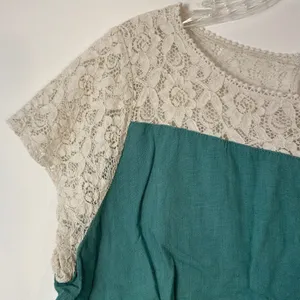 Umgee USA Teal Linen‎ Blend Lace Trim Boho Top Short Sleeve Keyhole Back Large thumbnail 5