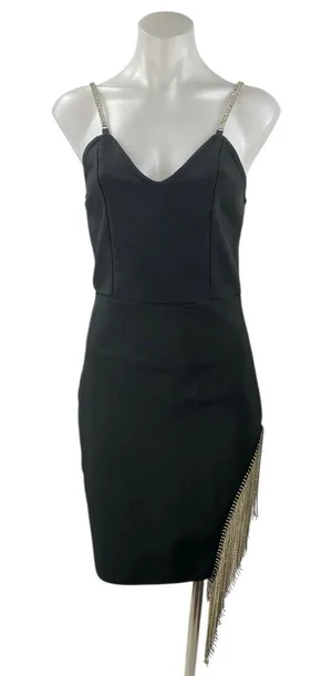 Women's Black Sleeveless V Neck Gold Fringe Beaded Cami Mini Bodycon Dress Sz M thumbnail 1