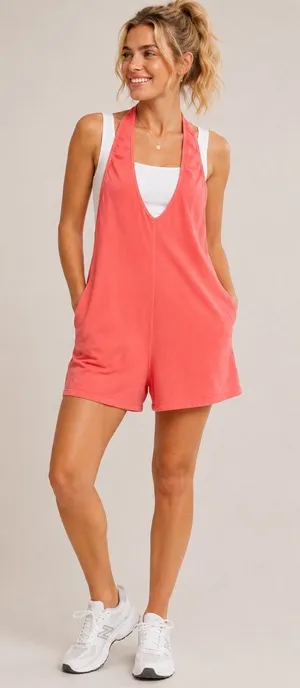 FP Movement NWT $60 Free People Hot Shot Halter Romper Open Back Hibiscus Pink thumbnail 1
