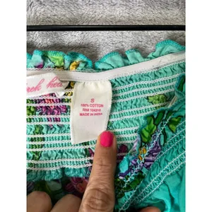 Vintage Tropical Floral Maxi Skirt Teal Smocked Waist Boho Cottagecore Cotton SM thumbnail 5