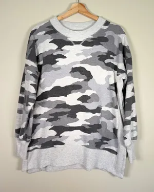 Aerie Gray Camo Oversized Crew Neck Sweatshirt‎ Ribbed Panels Small thumbnail 1