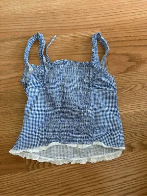 Frankie's Bikinis Blue Gingham Smocked Cami Top with Lace Trim thumbnail 3