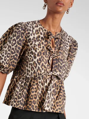 Leopard-Print Tie-Front Peplum Blouse in Tan & Black thumbnail 1