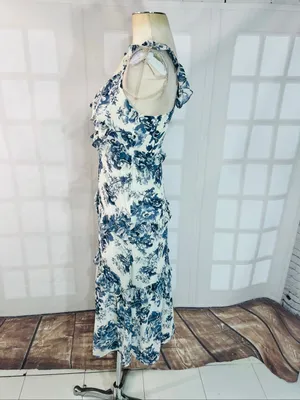 O.P.T Blue White Ingrid Floral Ruffle V-Neck Sleeveless Tiered Midi Dress Sz XS thumbnail 8