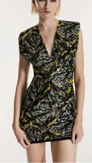 Zara‎ Women's Sleeveless Sequined V Neck Shoulder Pad Mini Dress Size Small thumbnail 1
