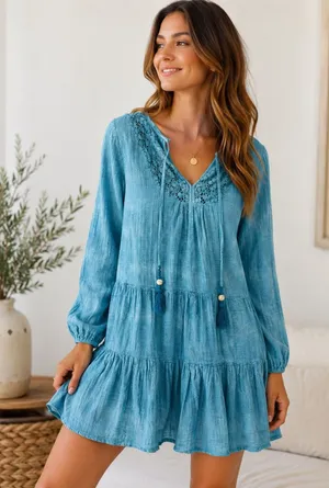 Blue Island Turquoise Boho Tiered Mini Dress Crochet Lace babydoll Cover Up Chic thumbnail 1