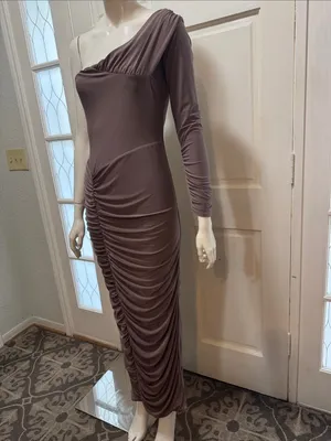 Club L London Brown Ruched Twist Bardot Maternity Midi Dress One-Shoulder Size 8 thumbnail 4