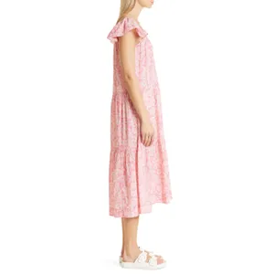 THE GREAT. The Plumeria Cotton Midi Dress Pink Floral Tiered Size 3 Large L thumbnail 4