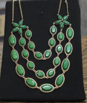 NEW Layered Flower Gemstone Bib Multi Strand Necklace Gold / Green 20" + 3" thumbnail 1